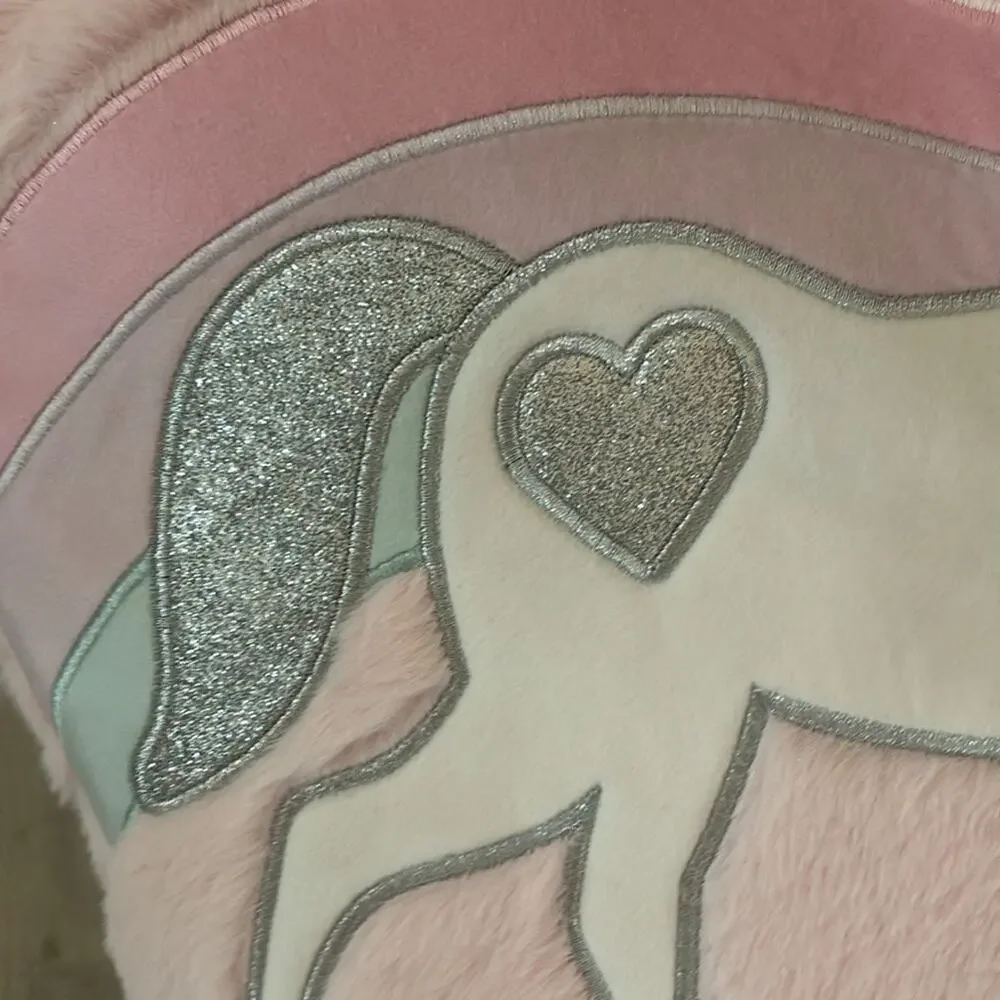 Cloud Castle pale pink furry heart pillow unicorn embroidered silver rainbow NWT